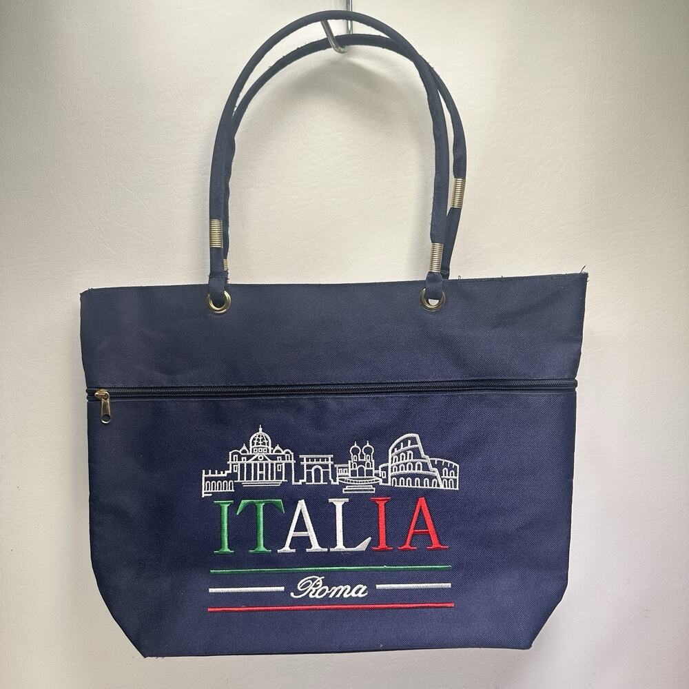 Lemon Collection Italia Roma Nylon Tote Bag Navy Blue Embroider Italy Pockets